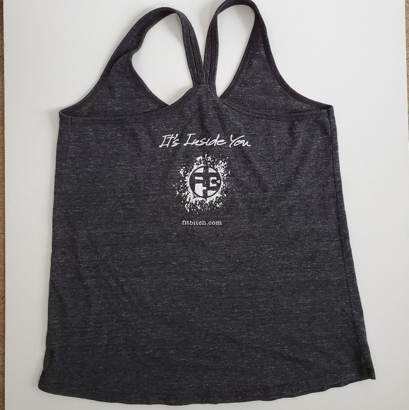 District Fit B!tch Racerback Marled Charcoal Gray Work Out Tank Top - Picture 3 of 5